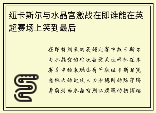 纽卡斯尔与水晶宫激战在即谁能在英超赛场上笑到最后